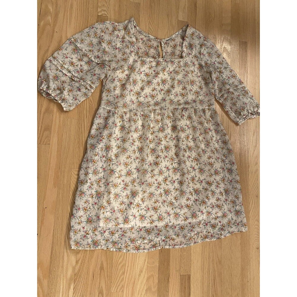 Dainty Cottagecore Coquette Babydoll Sheer Floral Pleated Sleeve Minidress L
